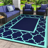 GENIMO alfombra frontal mostrando patrón azul verde y beneficio decorativo
