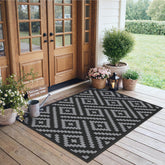 GENIMO alfombra exterior frontal mostrando patrón reversible y beneficio de ocultar suciedad