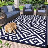 GENIMO alfombra frontal 6'x9' mostrando diseño azul blanco y uso elegante