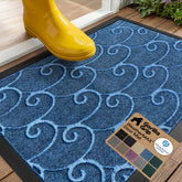 GORILLA GRIP vista frontal del felpudo azul con patrón Waves para entrada estética y práctica