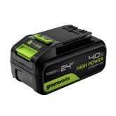 Greenworks batería 24V 4.0Ah vista frontal mostrando diseño y beneficio de alta potencia