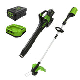 Greenworks vista frontal del combo con batería, muestra potencia y lista para usar