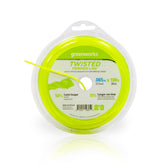 Greenworks empaque frontal mostrando 100 ft y 0.065" para almacenamiento fácil