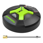 GreenWorks limpiador frontal mostrando ancho de 15 pulgadas y cobertura rápida