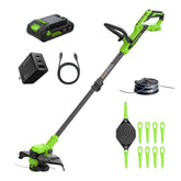 Greenworks recortadora 24V vista frontal con diseño compacto y control cómodo