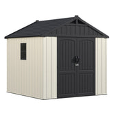 Greesum cobertizo beige vista frontal con puerta cerrable y almacenamiento seguro