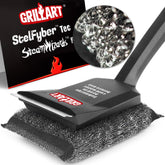 GRILLART cepillo frontal mostrando la almohadilla StelFyber para una limpieza segura