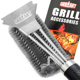 GRILLART cepillo frontal mostrando cerdas y rascador para limpieza eficiente