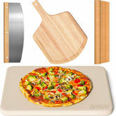 Gyreuni piedra para pizza frontal mostrando el conjunto y beneficio de calidad artesanal