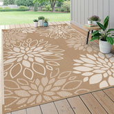 HEBE alfombra exterior vista frontal mostrando diseño floral y tamaño