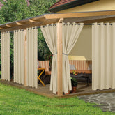 HolidayIdeas cortina exterior frontal mostrando color crema y protección