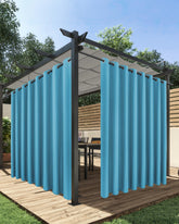 HolidayIdeas vista frontal de cortina exterior teal mostrando cobertura y estilo