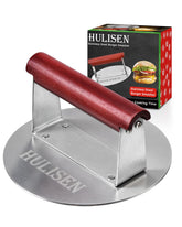 HULISEN prensa para hamburguesas frontal mostrando diseño robusto y beneficio de estabilidad