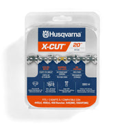 Husqvarna vista frontal de la cadena en su empaque que muestra compatibilidad
