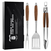 GRILAZ set de herramientas para barbacoa Dikela — 3 piezas en acero inoxidable extra grueso con mangos de madera