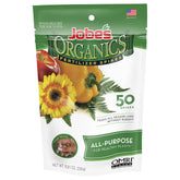 Jobe's Organics frontal del envase mostrando 50 espigas, fácil almacenamiento