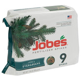 Jobe's Organics paquete frontal mostrando 9 estacas y beneficio de aplicación limpia