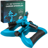 Joeys Garden aspersor frontal mostrando diseño azul y cobertura amplia