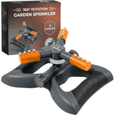 Joeys Garden aspersor frontal mostrando diseño naranja y conectores, ideal estabilidad