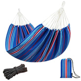 JoyView hamaca doble frontal azul rayas mostrando espacio y comodidad