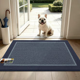 JSEI felpudo frontal 24x36 azul mostrando diseño y beneficio limpieza