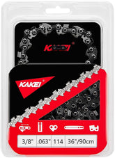 KAKEI empaque frontal de la cadena 36" mostrando especificaciones y beneficio de compatibilidad