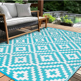 Kalafun vista frontal de la alfombra azul blanco mostrando diseño y beneficio estético
