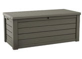 Keter cofre Westwood frontal taupe mostrando diseño y capacidad