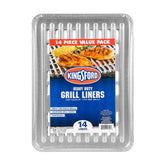 Kingsford paquete frontal mostrando 14 liners y facilidad de limpieza