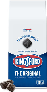 Kingsford paquete frontal mostrando diseño y peso, práctico para almacenamiento