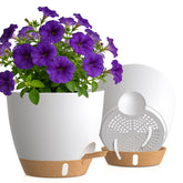 KUGAZ maceta frontal pack mostrando diseño blanco y marrón y ahorro de riego