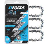 KUZA empaque frontal mostrando paquete de tres cadenas y compatibilidad