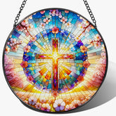 LAOWEIKI cruz vitral frontal mostrando colores vivos y diseño espiritual