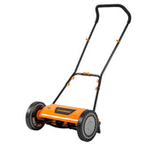 LawnMaster vista frontal del cortacésped mostrando diseño y ancho de corte