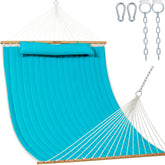 Lazy Daze hamaca doble frontal aqua mostrando espacio y confort