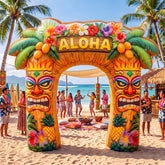 Leyndo arco tiki frontal mostrando diseño tropical y bienvenida llamativa