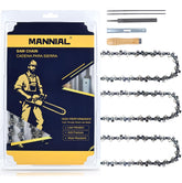 Mannial vista frontal del empaque con tres cadenas y kit de afilado, ahorro inmediato