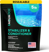MAV AquaDoc lata frontal mostrando la marca y formato de 5 lb, mejora la duración del cloro