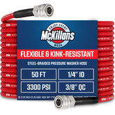 McKillans frontal del paquete mostrando manguera y largo 50 ft, ventaja alcance