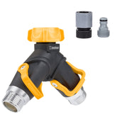 Melnor conector frontal amarillo y negro mostrando diseño robusto y control claro