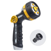Melnor boquilla frontal mostrando diseño ergonómico y colores negro amarillo, comodidad inmediata