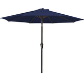 MEWAY vista frontal de sombrilla navy protegiendo mesa y ofreciendo sombra amplia
