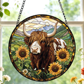 Meyocky vista frontal del suncatcher mostrando diseño vaca y girasoles