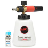 MJJC Foam Cannon Pro V2.0 vista frontal con botella grande y cierre seguro
