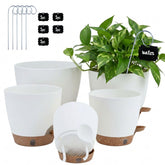 montresor pack de 5 macetas autorriego mostrando frentes y tamaños, práctico para organizar plantas
