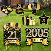 MOORAY cartel frontal 21 cumpleaños mostrando diseño negro y dorado elegante