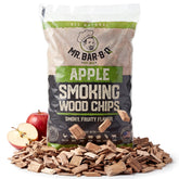Mr. Bar-B-Q frente del empaque de astillas de manzano mostrando peso 1.8 lb y beneficios