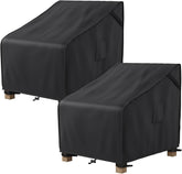 MR. COVER vista frontal del pack de 2 fundas protegiendo sillas, durabilidad garantizada