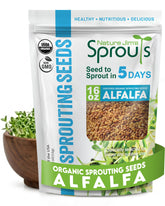 Nature Jim's Sprouts paquete frontal mostrando 16 oz y sello orgánico, conveniente