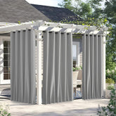 NICETOWN cortina exterior frontal mostrando diseño y color gris plateado